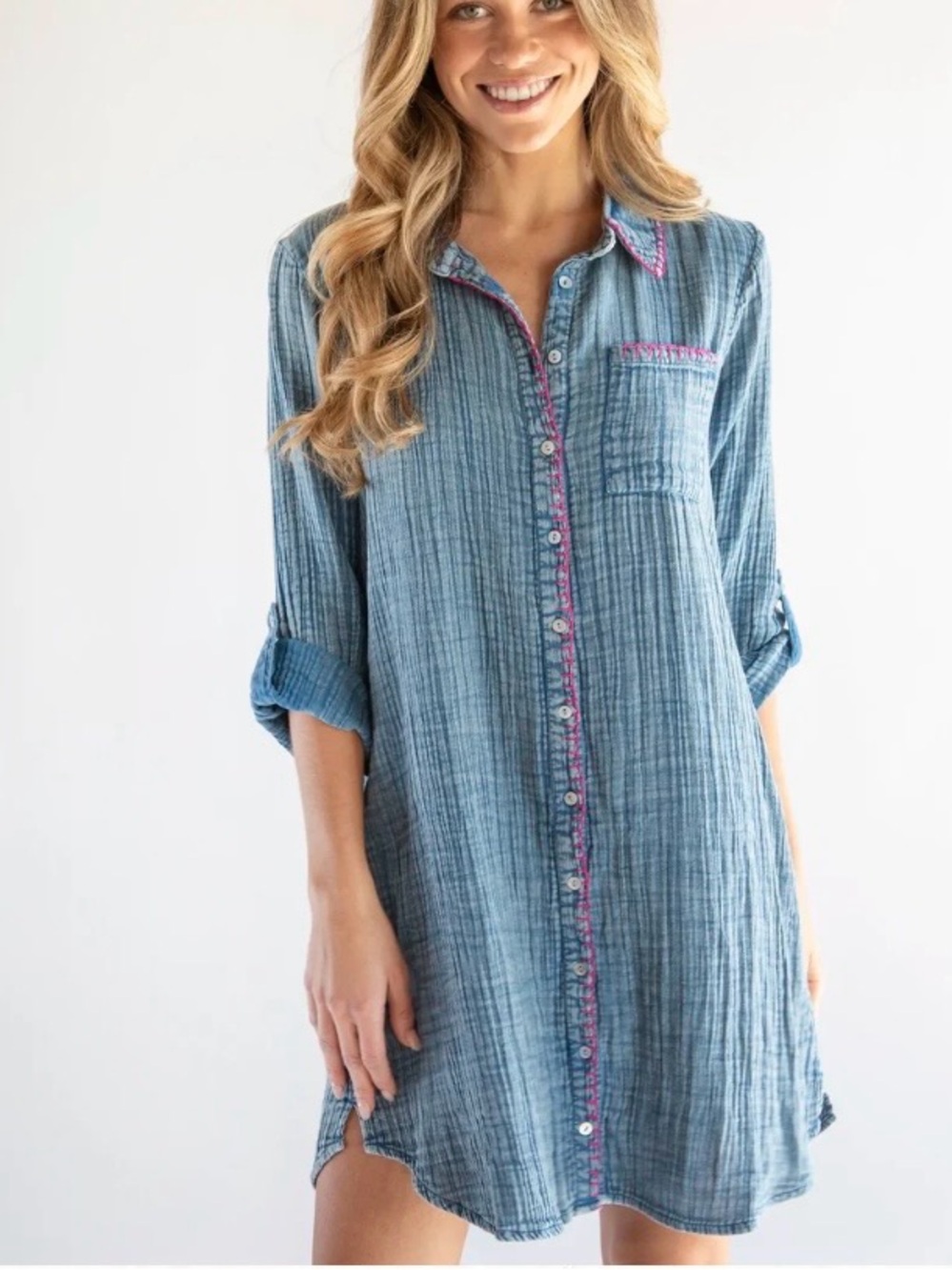 Blue Gauze Button-Down Shirt Dress with Pink Trim
